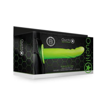 Glow in the Dark Textured Curved Hollow Strap-On - 8 / 20 cm - Neon Groen - Afbeelding 2