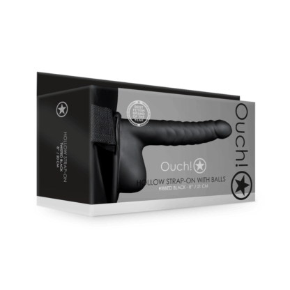Geribbelde Hollow Strap-On met Ballen - 8 / 21 cm - Zwart - Afbeelding 2