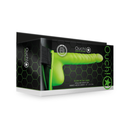 Glow in the Dark Ribbed Hollow Strap-On met Ballen - 8 / 21 cm - Neon Groen - Afbeelding 2