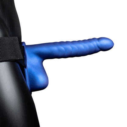 Geribbelde Holle Strap-On met Ballen - 8 / 21 cm - Metallic Blauw - Afbeelding 4