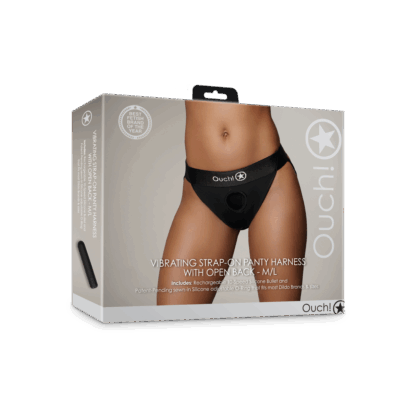 Vibrerende Strap-on Panty Harnas met Open Rug - M/L - Zwart - Afbeelding 2