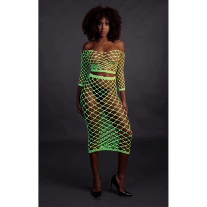 Langsleeve Crop Top en Lange Rok - One Size - Neon Groen - Afbeelding 4