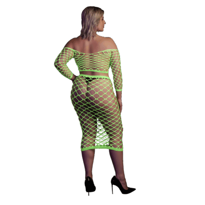 Langermige Crop Top en Lange Rok - Plus Size - Neon Groen - Afbeelding 3