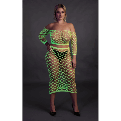 Langermige Crop Top en Lange Rok - Plus Size - Neon Groen - Afbeelding 4