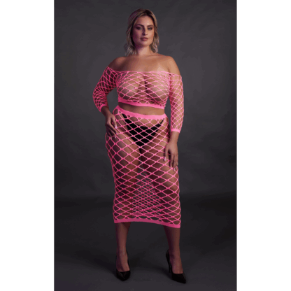 Langemouwen Crop Top en Lange Rok - Plus Size - Neon Roze - Afbeelding 4