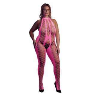 Bodystocking met Halterneck - Plus Size - Neon Roze