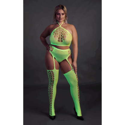 Twee-delige set met crop top en kousen - Plus Size - Neon Groen - Afbeelding 4