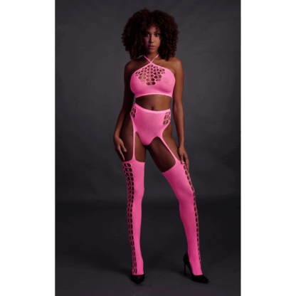 Twee-delige set met crop top en kousen - Één maat - Neonroze - Afbeelding 4