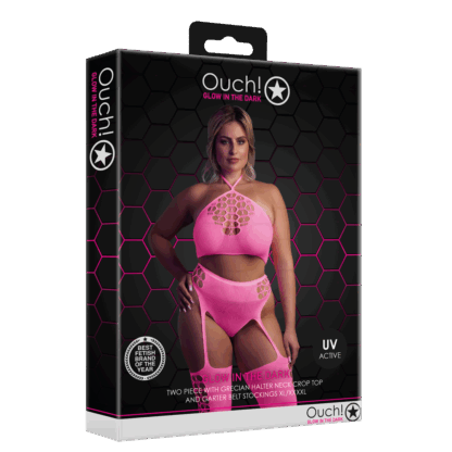 Twee Delige Set met Crop Top en Kousen - Plus Size - Neon Roze - Afbeelding 2