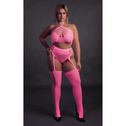 Twee Delige Set met Crop Top en Kousen - Plus Size - Neon Roze - Afbeelding 4