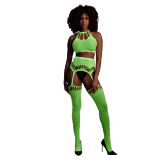 Twee-delige set met crop top en panty - One size - Neon groen