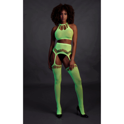 Twee-delige set met crop top en panty - One size - Neon groen - Afbeelding 4