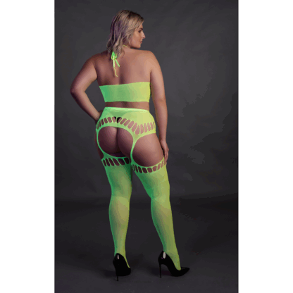 Twee Delige Set met Crop Top en Kousen - Plus Size - Neon Groen - Afbeelding 4