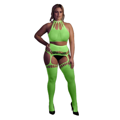 Twee Delige Set met Crop Top en Kousen - Plus Size - Neon Groen - Afbeelding 7