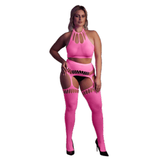 Twee-delige set met crop top en kousen - Plus Size - Neon Roze