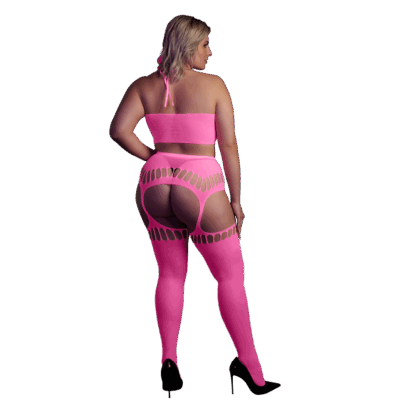 Twee-delige set met crop top en kousen - Plus Size - Neon Roze - Afbeelding 3