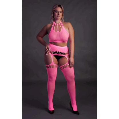 Twee-delige set met crop top en kousen - Plus Size - Neon Roze - Afbeelding 4