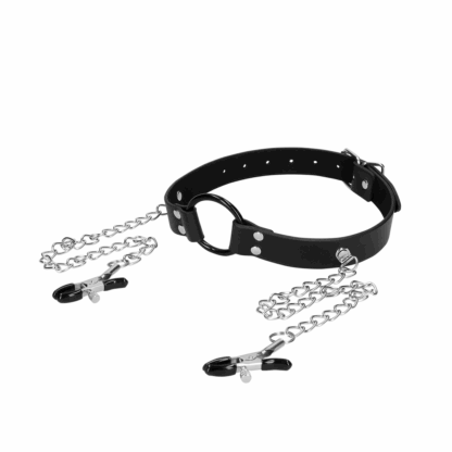 O-Ring Gag met Nipple Clamps - Zwart - Afbeelding 4
