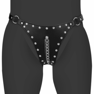 PU Leren Chastity Thong met Keten Detail - Zwart