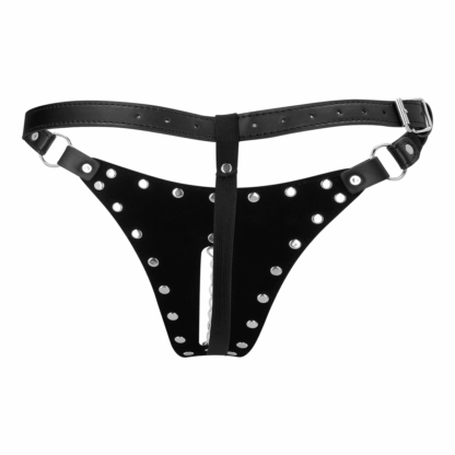 PU Leren Chastity Thong met Keten Detail - Zwart - Afbeelding 5