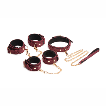 6-delige Velvet Burgundy Bondage Set met Cuffs, Collar en Belt - Afbeelding 3