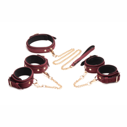 6-delige Velvet Burgundy Bondage Set met Cuffs, Collar en Belt - Afbeelding 6