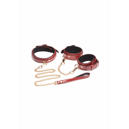 6-delige bordeaux bondage set met cuffs, halsband en riem - Afbeelding 6