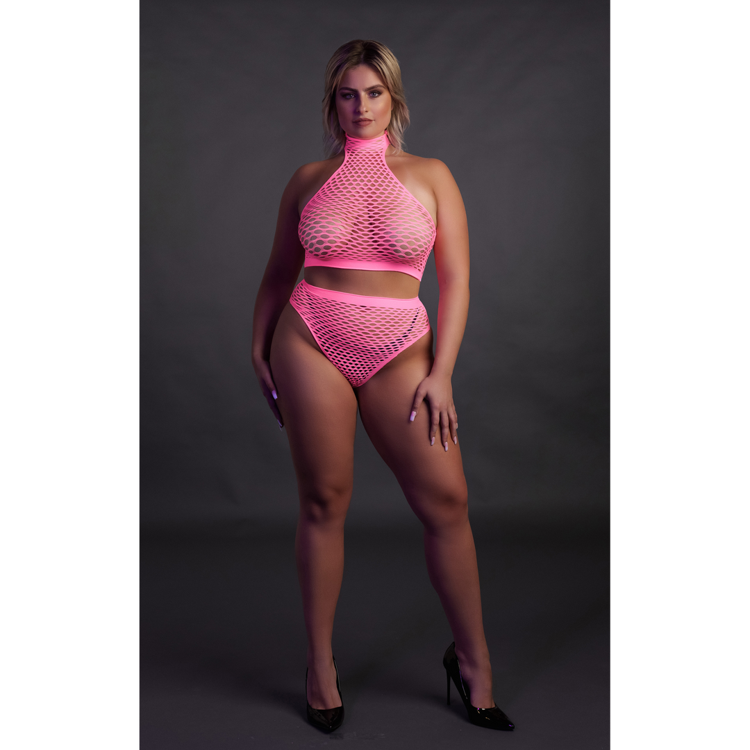 Turtleneck en Hoge Taille Slip - Plus Size - Neon Roze - Afbeelding 4