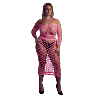 Langemouwen Crop Top en Lange Rok - Plus Size - Neon Roze