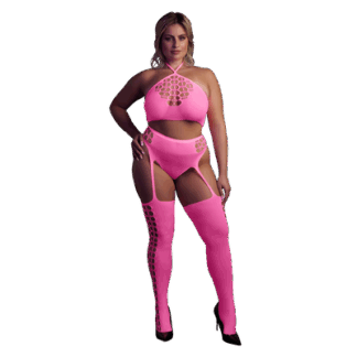 Twee Delige Set met Crop Top en Kousen - Plus Size - Neon Roze