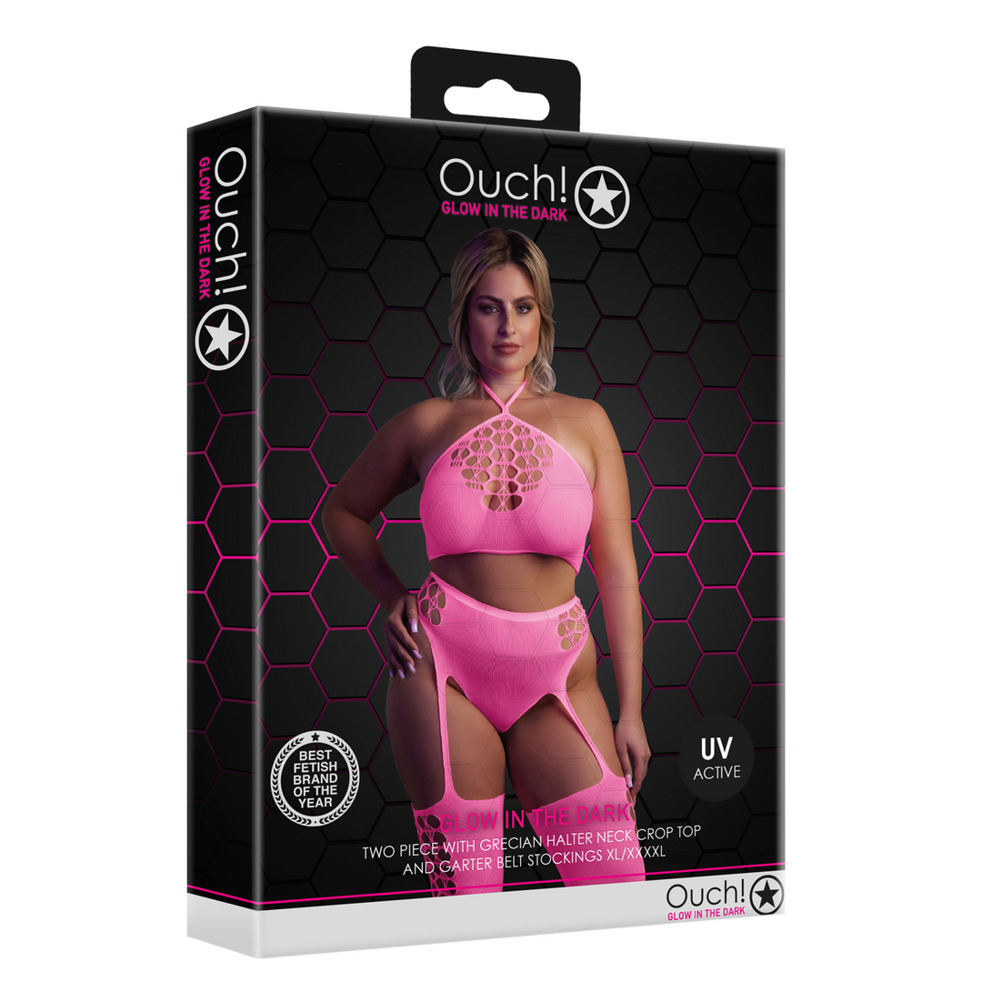 Twee Delige Set met Crop Top en Kousen - Plus Size - Neon Roze - Afbeelding 2