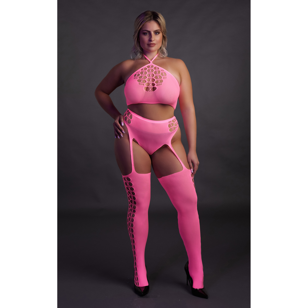 Twee Delige Set met Crop Top en Kousen - Plus Size - Neon Roze - Afbeelding 4