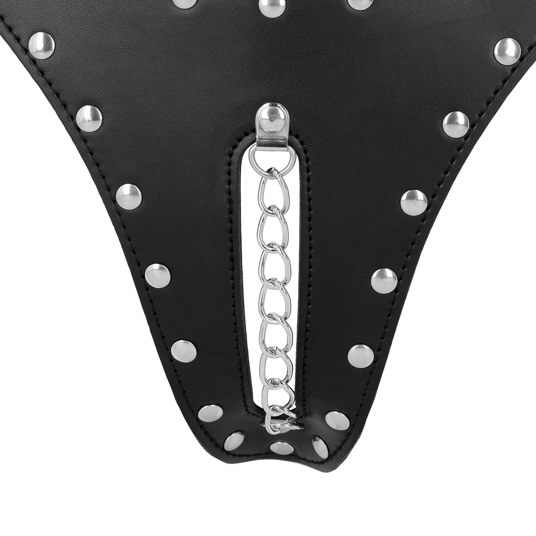 PU Leren Chastity Thong met Keten Detail - Zwart - Afbeelding 6
