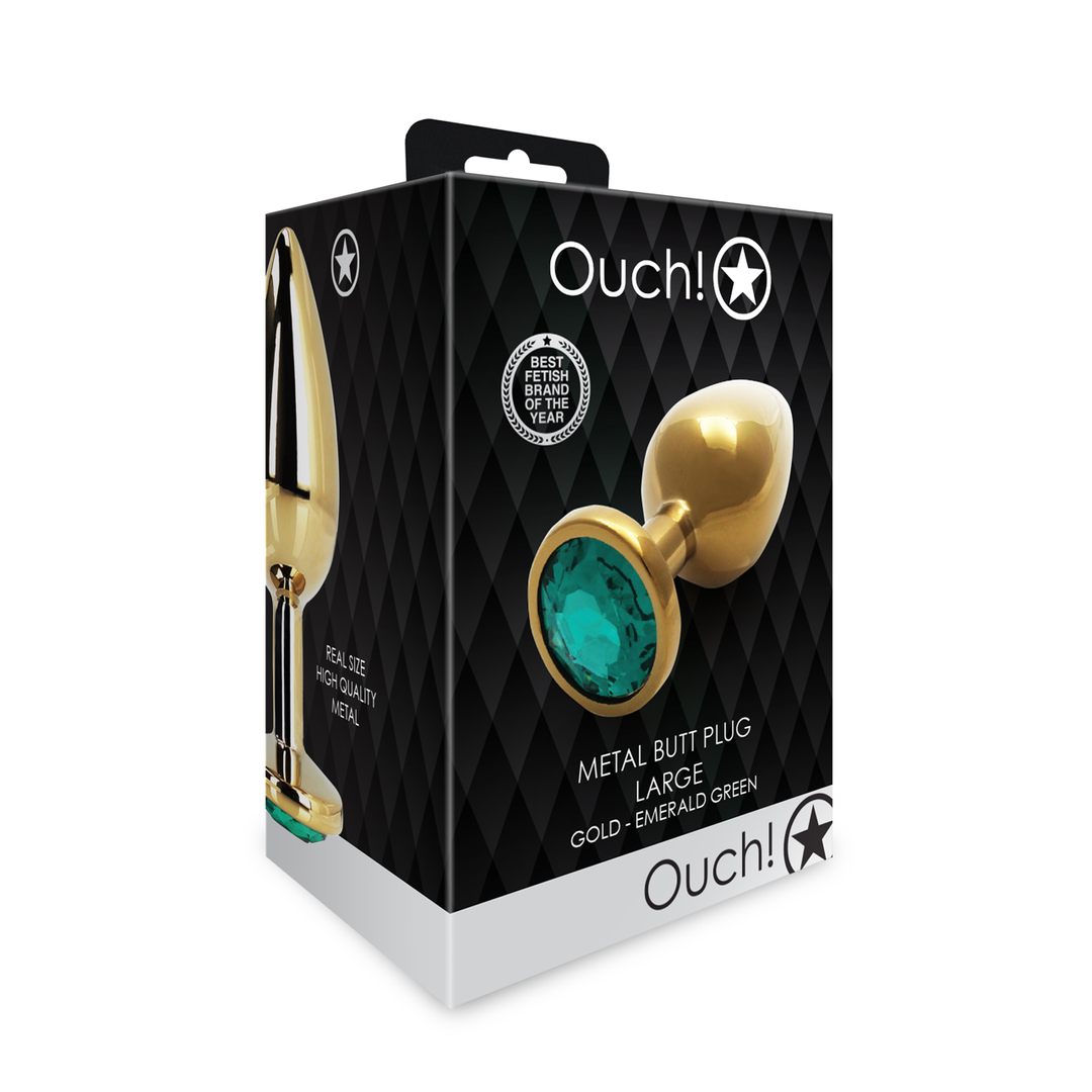Ronde Gem Buttplug - Groot - Goud/Emerald Groen - Afbeelding 2