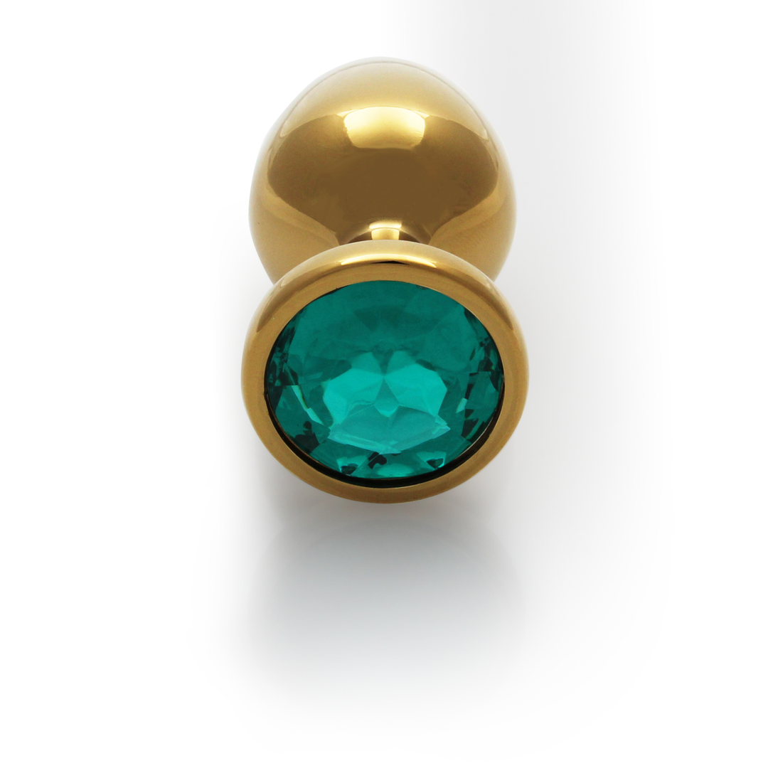 Ronde Gem Buttplug - Groot - Goud/Emerald Groen - Afbeelding 5