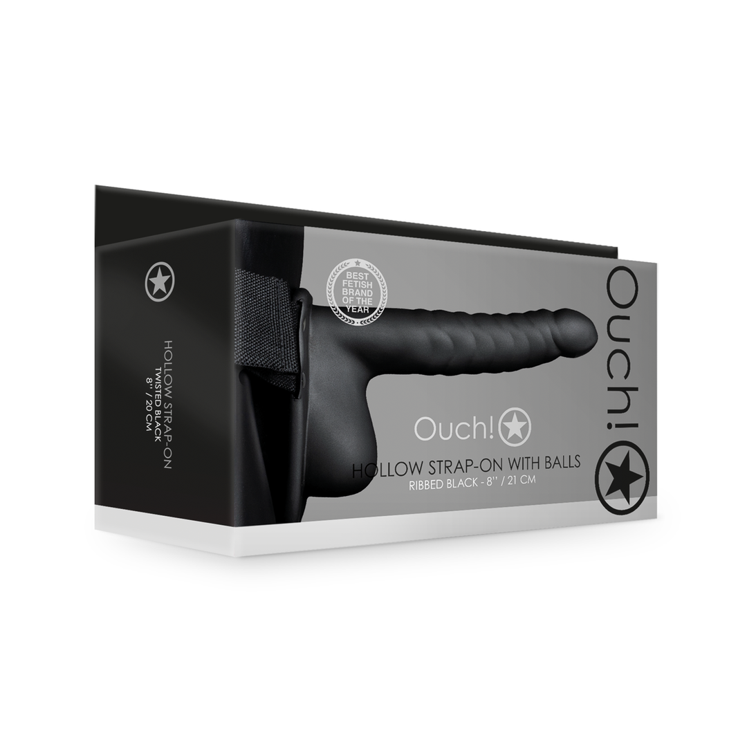 Geribbelde Hollow Strap-On met Ballen - 8 / 21 cm - Zwart - Afbeelding 2