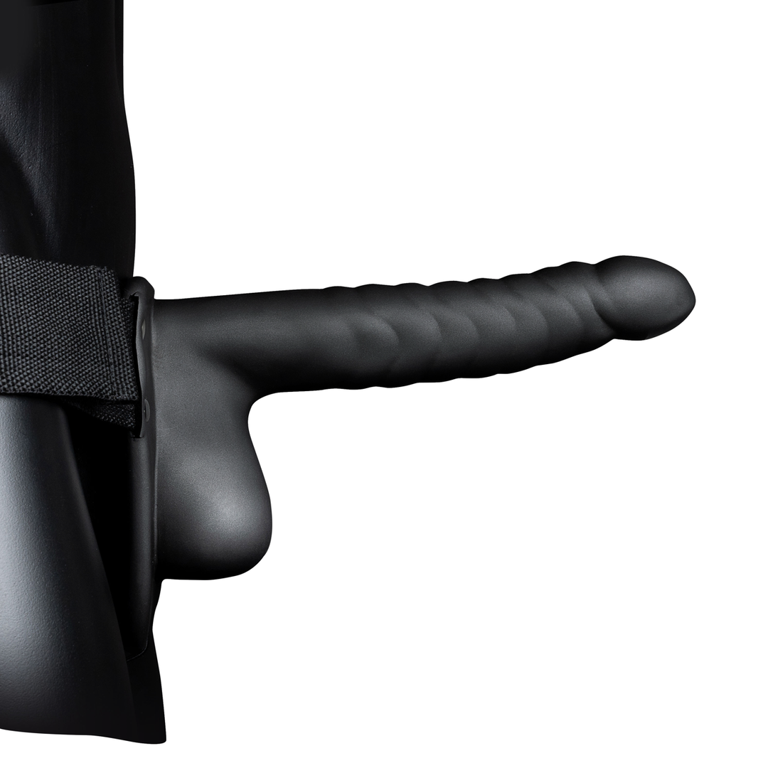 Geribbelde Hollow Strap-On met Ballen - 8 / 21 cm - Zwart - Afbeelding 4