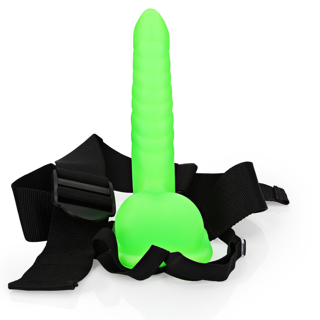 Glow in the Dark Ribbed Hollow Strap-On met Ballen - 8 / 21 cm - Neon Groen - Afbeelding 6