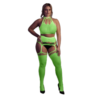 Twee Delige Set met Crop Top en Kousen - Plus Size - Neon Groen