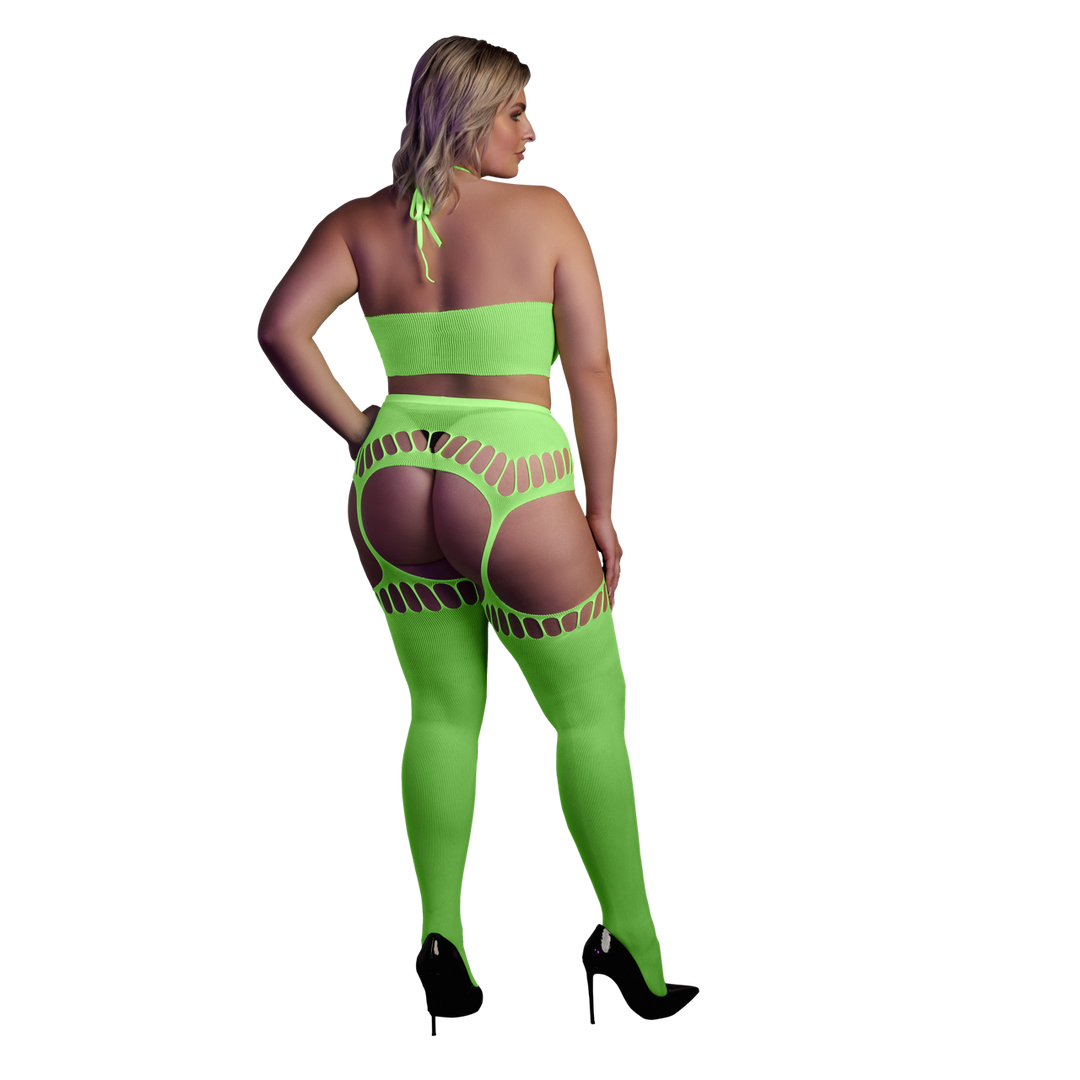 Twee Delige Set met Crop Top en Kousen - Plus Size - Neon Groen - Afbeelding 3