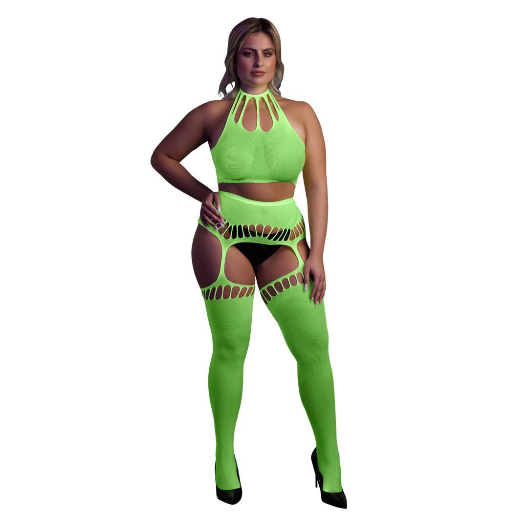 Twee Delige Set met Crop Top en Kousen - Plus Size - Neon Groen - Afbeelding 7