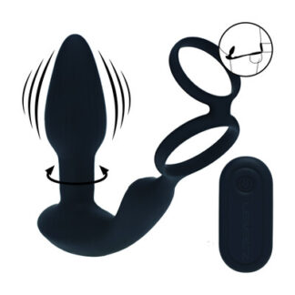 Dual Vibrating Remote Rotating Beads Silicone Prostate Stimulator with Cock and Ball Ring - Black