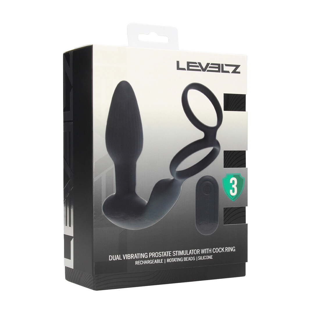 Dual Vibrating Remote Rotating Beads Silicone Prostate Stimulator with Cock and Ball Ring - Black - Afbeelding 2