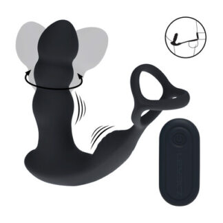 Dual Vibrating Remote Rotating Head Silicone Prostate Stimulator with Cock and Ball Ring - Black