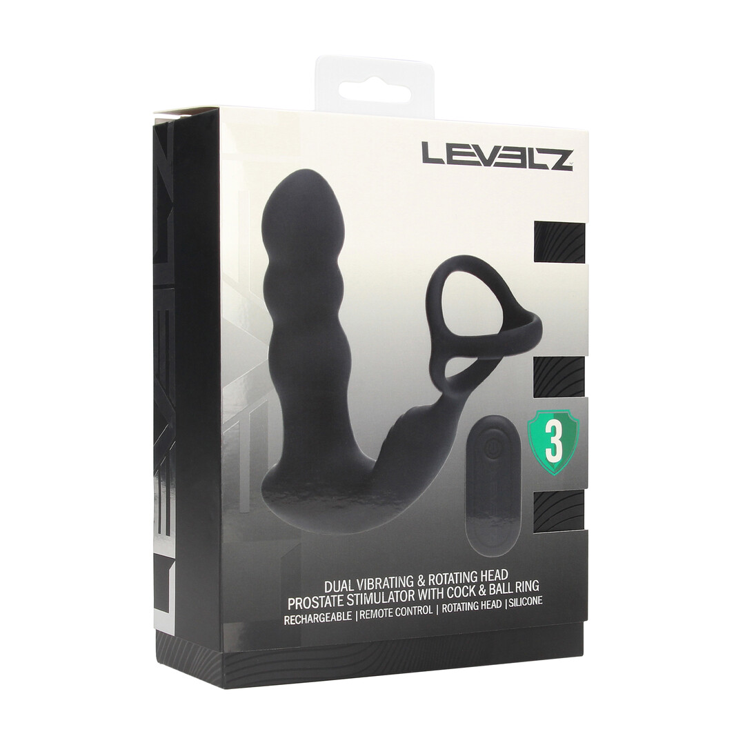 Dual Vibrating Remote Rotating Head Silicone Prostate Stimulator with Cock and Ball Ring - Black - Afbeelding 2