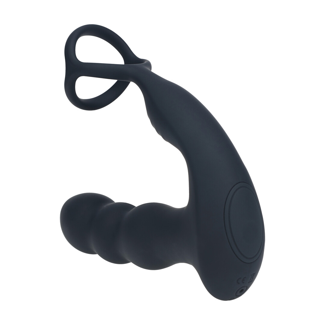 Dual Vibrating Remote Rotating Head Silicone Prostate Stimulator with Cock and Ball Ring - Black - Afbeelding 5
