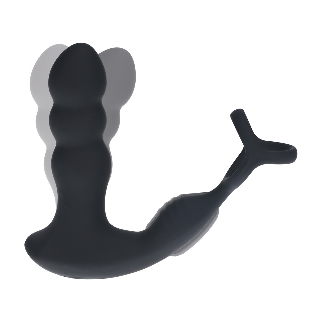 Dual Vibrating Remote Rotating Head Silicone Prostate Stimulator with Cock and Ball Ring - Black - Afbeelding 6