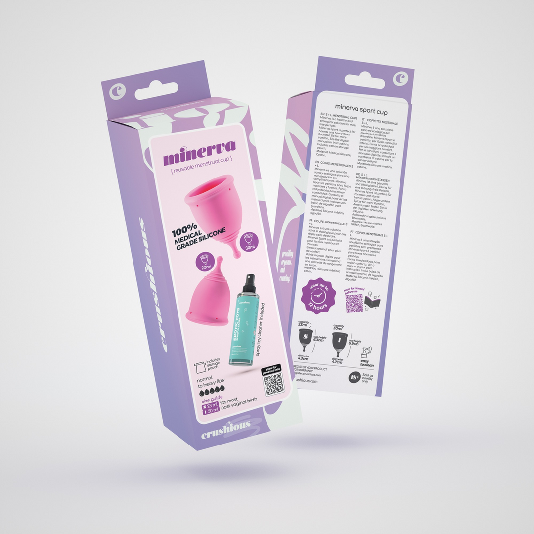 Minerva - Menstruatiecups met Zak en Speelgoedreiniger - S en L - Roze - Afbeelding 2