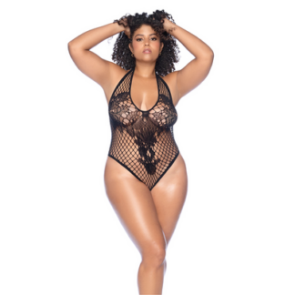 Bloemen Fishnet Bodysuit - Koning Maat - Zwart