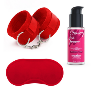 Me Lo Como - Velcro Handcuffs Set with Blindfold and Strawberry Lubricant - 1.7 fl oz / 50 ml - Red